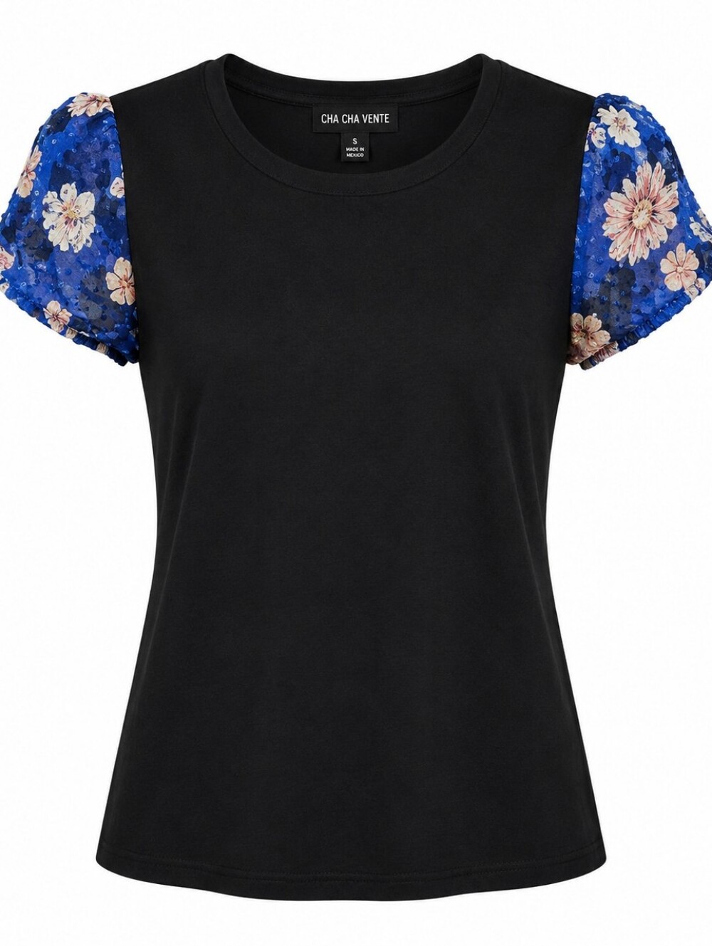 CHA CHA VENTE | Mixed Media Black Blue Floral Swiss Dot Puff Sleeve Top | S